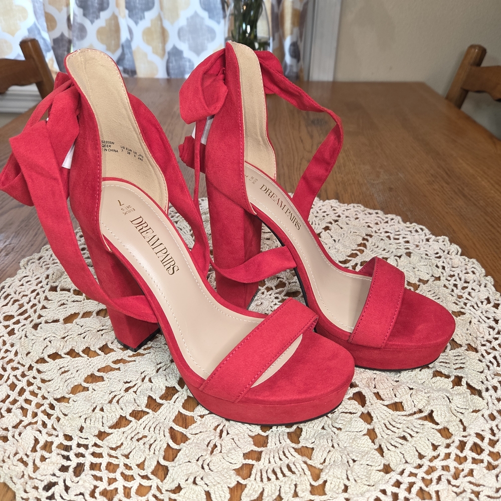 NWOT, Dream Pairs Red Velvet Lace Up Block Heels. Size 7. LLCP